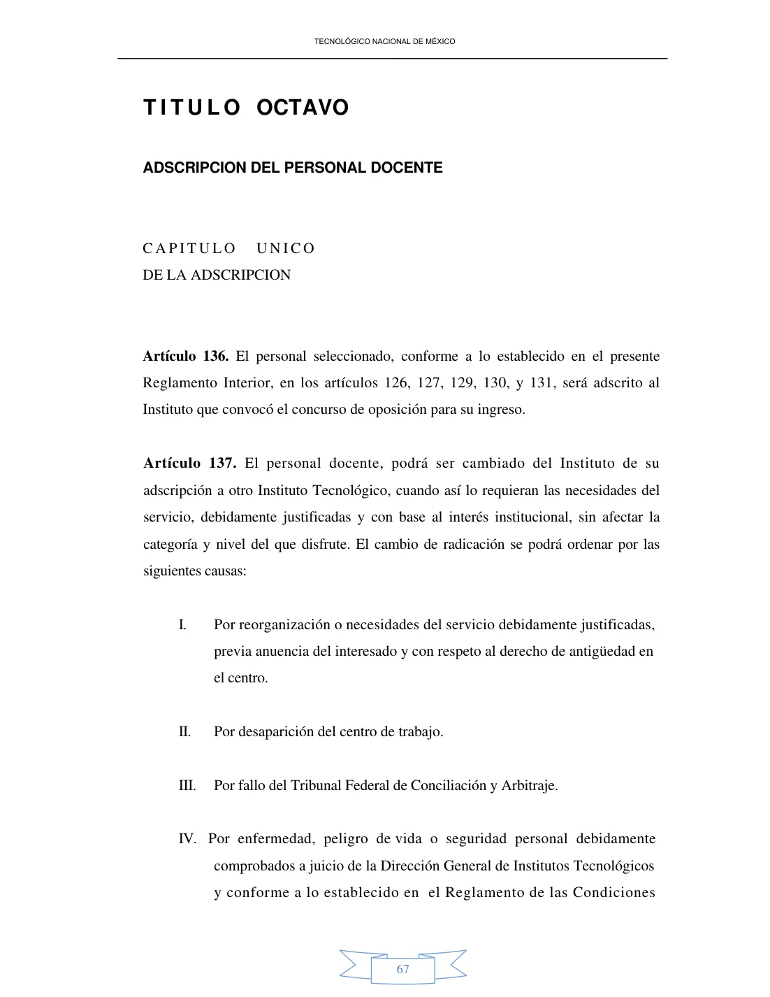 Página 67 de Reglamento Interior de Trabajo del Personal Docente