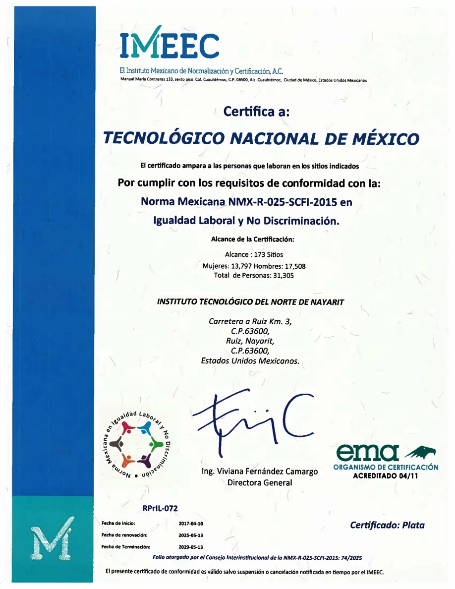 Certificado del Sistema de Gestión de Igualdad de Género y No Discriminación del ITNN